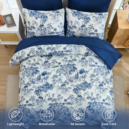 DJY Navy Blue Comforter Set Queen Size,7 Pieces Bed in a Bag Botanical Comforters with Sheets Elegant Plants Print Soft Microfiber Reversible Complete Bedding Sets for All Season thumbnail 3