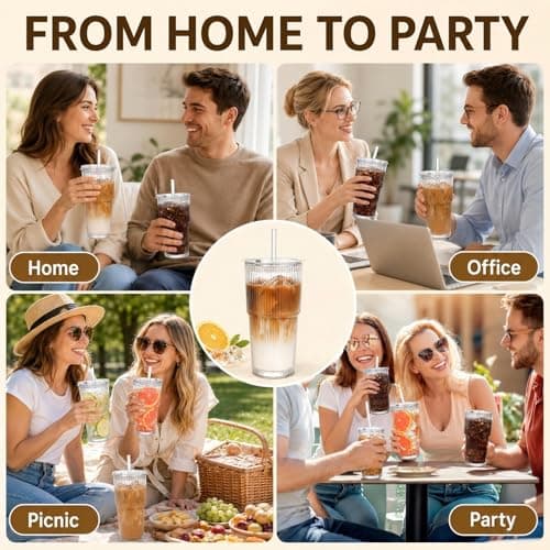 4 Pack 20oz Ribbed Glass Tumblers with Lids, Straws & Cleaning Brushes, Thickened High Borosilicate Reusable Iced Coffee Cups, Leak-Proof for Smoothies, Cocktails, Home & Office thumbnail 6
