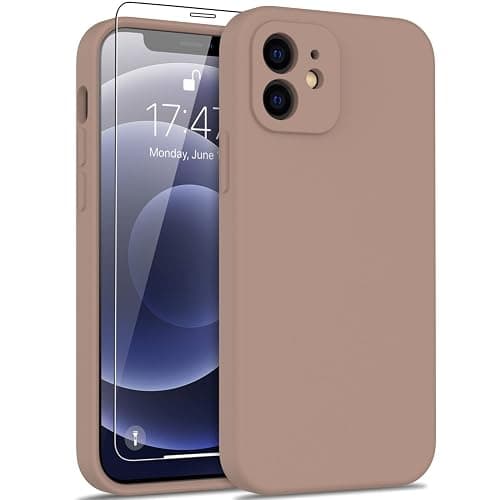 DEENAKIN Compatible with iPhone 12 Silicone Case with Screen Protector,Enhance Camera Protection,Soft Flexible Slim Fit Protective Phone Cover 6.1" for Women Girls Light Brown - Image 1