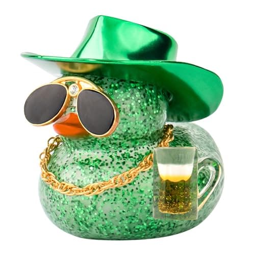 wonuu Car Decorations Beer Rubber Ducks, Dashboard Rubber Ducky for Car Ornament Cute Duck with Laser Cowboy Hat, Glasses, Necklace, Golden Beer-Green - Image 1