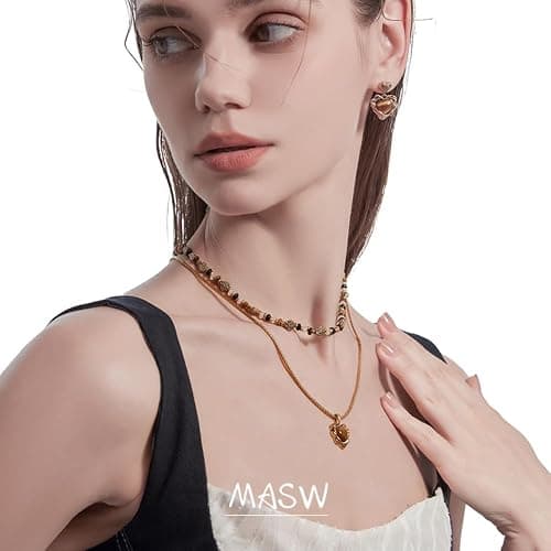 MASW Retro temperament brown beaded collarbone chain fashionable heart-shaped tiger eye stone pendant necklace personality double layer necklace exquisite women's accessories M2730001 thumbnail 2