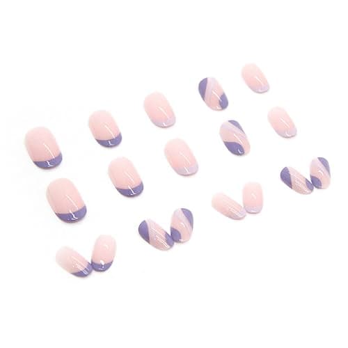 JUSTOTRY 24 Pcs Almond False Nails Short, Lilac French Fake Nails with Wavy, Nude French Stick on Nails Short, Oval Press on Nails for Women, Nails Fake Nail for Nails Art thumbnail 3