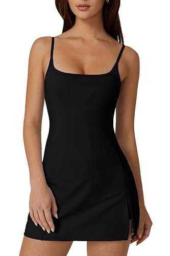 QINSEN Womens Spaghetti Strap Tennis Dress with Shorts Workout Side Slit Active Golf Dresses - Medium - Black