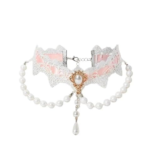 Elegant Gothic Lace Rose Choker Necklace Halloween Vintage Pearl Necklaces Halloween Victorian Lolita Costume Accessories Bridal Wedding(Pink White) - Image 1