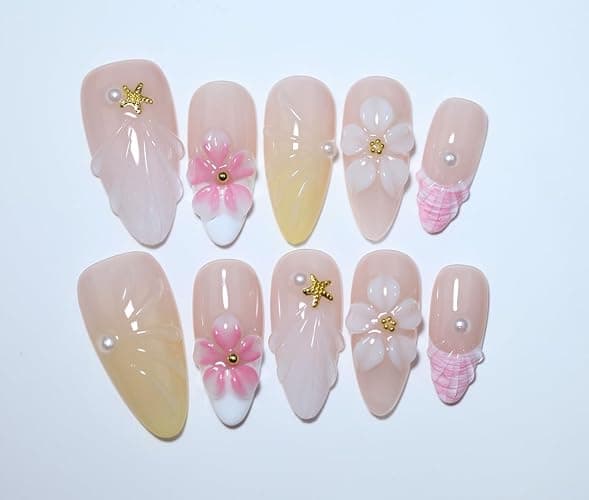 10Pcs Medium Almond Handmade Press On Nails | Nude Pink & Yellow Ombre with Seashell, Starfish, 3D Floral & Pearl Decor | Reusable Salon-Quality Fake Nails for Women and Girls (25901, M) - Image 1