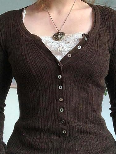 EMMIOL Womens Y2K Long Sleeve Henley Shirts | V Neck Button Front,Ribbed Knit,Lace Trim,Slim Fit,Rayon Blend Stretch Fabric,Casual Trendy Wear,Fall thumbnail 2