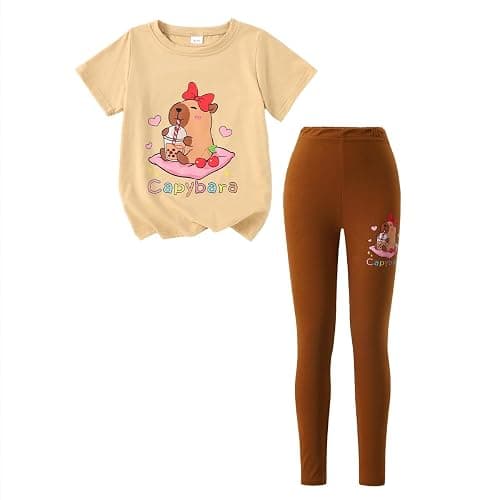 WMHNEI Girls 2 Piece Outfits - Short Sleeve Graphic Top & Leggings Spring Kids ClothingSet with for 6-12 Years - Image 1