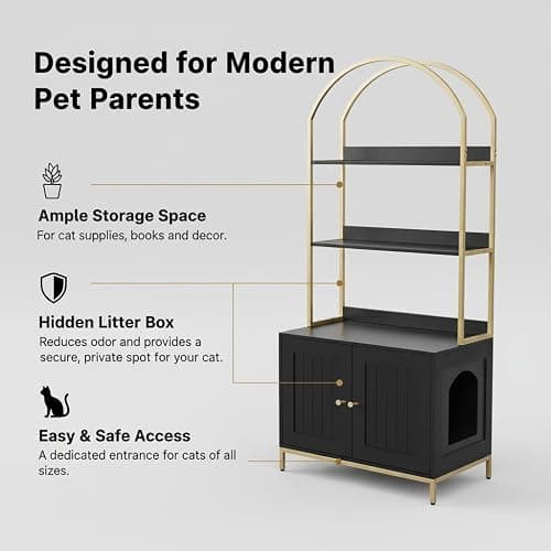 Homhedy Cat Litter Box Enclosure, Litter Box Furniture Hidden with 2-Tier Storage Shelves, Wooden Cat Washroom Furniture with Metal Frame, Modern Style, Black and Gold thumbnail 3