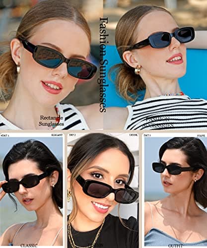 Dollger Rectangle Sunglasses for Women Men Trendy Retro Fashion Sunglasses UV 400 Protection Square Fram - Black Pink and Green thumbnail 2