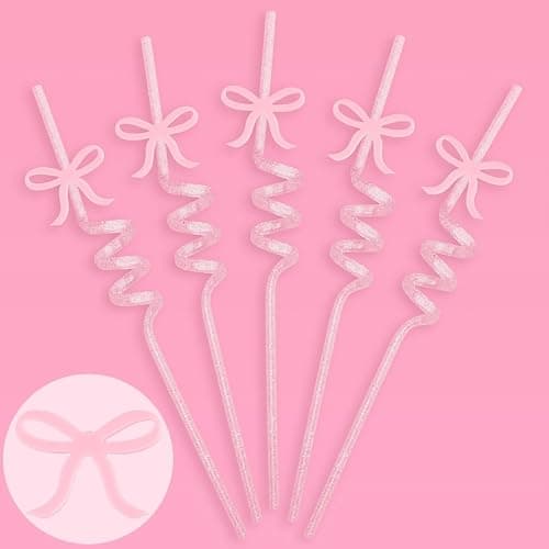 xo, Fetti Bow Reusable Glitter Straw Set - 12 pc | Pretty Bachelorette Decorations, Bow Theme Birthday Party, Bridal Engagement Drinkware, Coquette Cute Supplies, Baby Shower Tableware, Tea Decor - Image 1