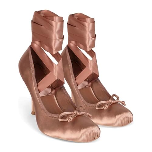 Dystralix Women Satin Ballet High Heels Bow Round Toe Stiletto Heel Pumps Strappy 4 inch Stiletto High Heel Ballet Shoes Bow Slip On Dress Shoes Cross Strap Elegant Sexy 4-11 M US thumbnail 3
