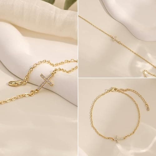 Gold Bracelets for Women,Dainty Gold Cross Bracelet 14K Gold Plated Beaded Bracelets for Women Trendy Bracelet Stack Pearl Bracelet Set Waterproof Chain Bracelet Gold Jewelry for Women Baptism Gifts thumbnail 5