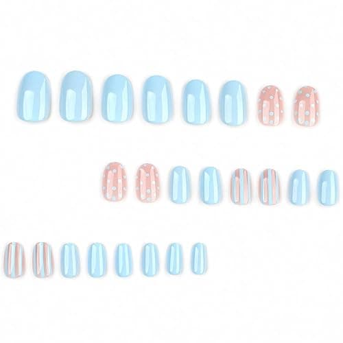 Foccna Press on Nails Polka Dots Short, Blue Fake Nails Acrylic False Nails,Artificial Nails for Girls 24pcs thumbnail 2