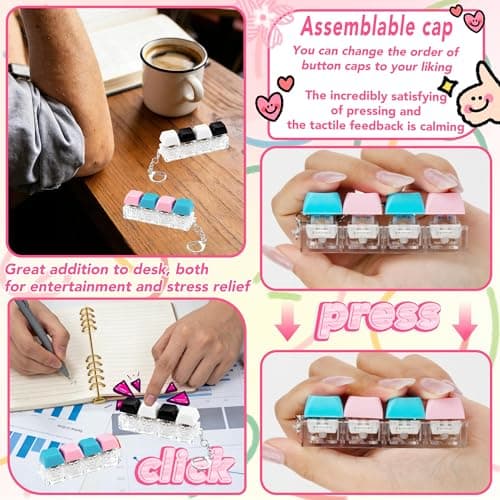 2 Pcs 4 in 1 Keyboard Fidget Toy Keychain, Clicky Button Toy Stress Relief Keychain with Swappable Keycaps, Mini Mechanical Key Fidget for Office Desk Focus Gifts (Blue Pink Black White) thumbnail 2