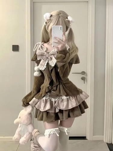 Xojbzoo Women's Y2K Kawaii 2-Piece Set - Long Sleeve Bow Top & Mini Skirt Retro Emo Aesthetic Separable Outfit thumbnail 2