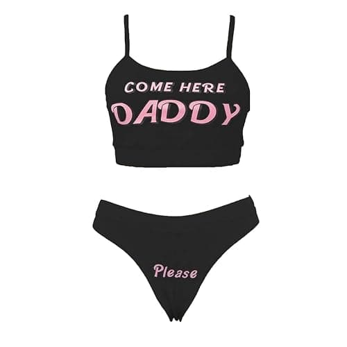 Multitrust Sexy Women Come Here Daddy Please Strappy Lingerie Set 2PCS Slutty Underwear Tank Tops and Panty Pajamas Sleepwear - Medium - Black - Image 1