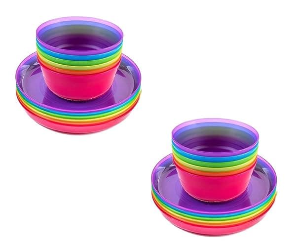 Cuddly Hippo Kids Plastic Dinnerware Set of 12 Multi Color Pieces (Plates and Bowls) - Reusable, BPA-Free, Dishwasher Safe and Microwaveable (Purple, Pink, Orange, Yellow, Green, Blue, 24 Pieces) - Image 1