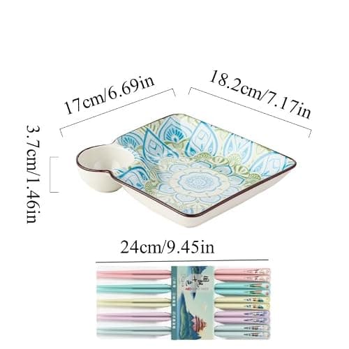 6 PCs Ceramic Sushi Platter, Square Dumpling Plate with Dipping Saucer | 7.17in Serving Plates Includes 5 Chopsticks, Chips and Dip Plate Ideal For Sushi, Dumplings, Chips & Dip thumbnail 3
