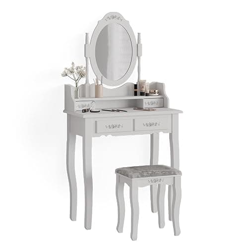 Vicco Coiffeuse Meghan, Blanc, 75cm avec Tabouret, avec Tabouret et Miroir Ovale fixé solidement thumbnail 7
