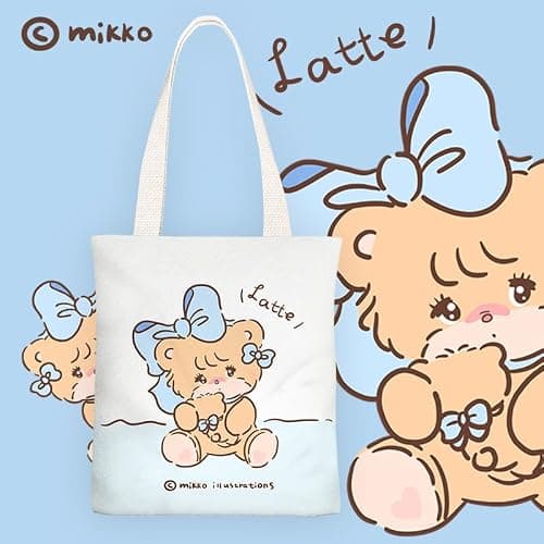 hombäde Cute Canvas Tote Bag Cotton Mikko with Zipper and Interior Inner Pocket, Cat Kitty Anime Kawaii thumbnail 2