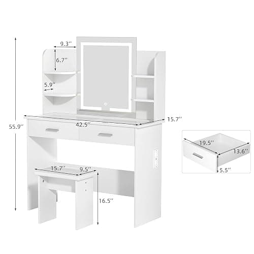 SMOOL Vanity with Lighted Mirror, Makeup Vanity Desk with Glass Top & Power Outlet, 3 Color Light Options, Vanity Table with 6 Storage Shelves, 2 Large Drawers and Cushioned Stool for Bedroom, White - White - Glass thumbnail 2