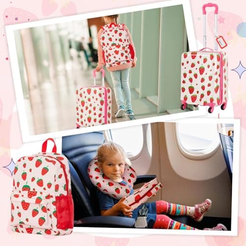 Redbaker 17 Inch 6 Pcs Kids Luggage Set Kids Rolling Luggage Double Pattern Suitcase for Boys Girls (Blush Pink, Strawberry Style) thumbnail 6