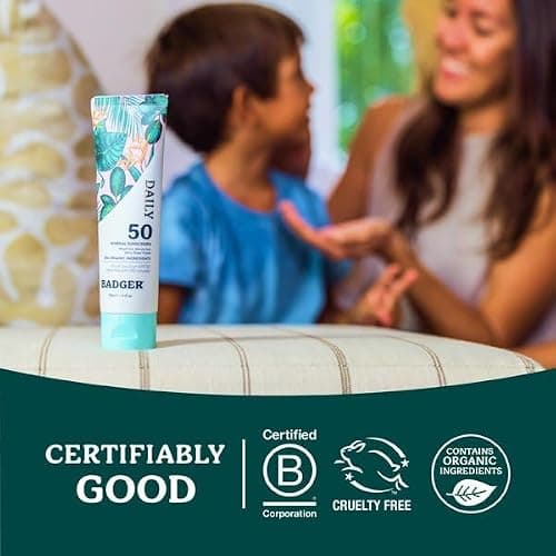 Badger SPF 50 Daily Mineral Sunscreen with Zinc Oxide, 85% Organic, Lightweight & Easy to Apply, No White Cast, Moisturizing, Reef Safe, Vegan, Unscented, 4 fl oz thumbnail 10