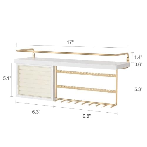 Mkono Hanging Jewelry Organizer Wall Mounted Jewelry Organizer Necklace Holder with Rustic Wood Shelf, Ring Display Box, Ear Studs Earring Holder Bracelet Organizer (Gold) thumbnail 3