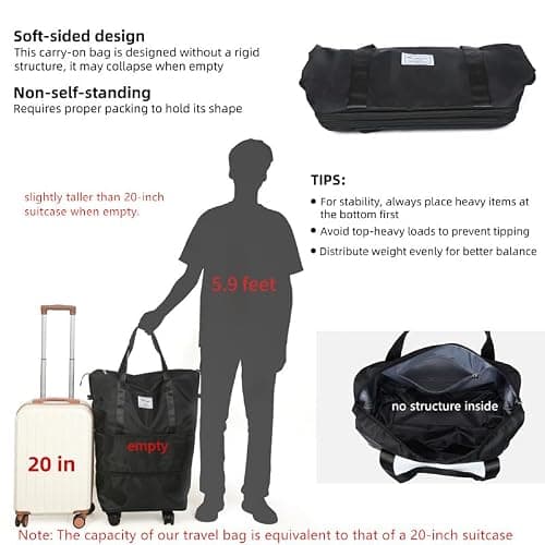 VOOWO Rolling Duffle Bag with Wheels, Expandable Foldable Duffle Bag for Travel, Rolling Under Seat Luggage Carry on Duffel Bags, Wheeled Travel Duffel Weekend Bags, Capacity 18L to 40L (Black) thumbnail 6
