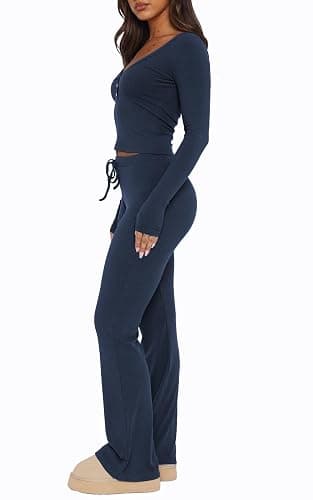 FWBBG Womens 2 Piece Lounge Sets Long Sleeve Crop Tops V Neck Flare Pants Set Fall Y2k Casual Outfits thumbnail 2