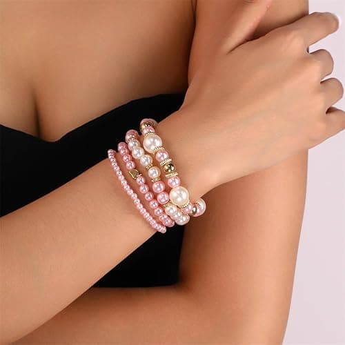 COLORFUL BLING Layered Pearl Stretch Bracelets Set for Women Daisy Flower Heart Star Simulated Pearl Stackable Elastic Bracelets Chunky Beaded Ball Adjustable Multilayer Bangles Wedding Jewelry Gift thumbnail 6