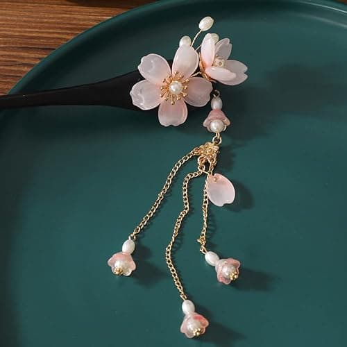 Floral Hair Stick, Chinese Hair Accessories Chinese Hair Pins for Women Hanfu Hair Sticks,Ancient Style Tassel Hairpin Floral Hair Accessories (Pink) thumbnail 4