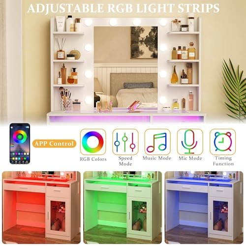 HUAHUU Vanity Desk with Mirror and Lights, Makeup Vanity Desk with Lights 3 Colors, Transparent Top Vanity with 2 RGB Drawers, 6 Shelves, Large Tempered Cabinet, Power Outlet, for Bedroom, White thumbnail 3