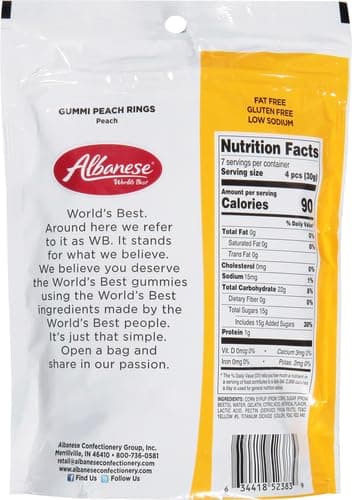 Albanese World's Best Gummi Peach Rings | 8oz of Candy | Gluten Free, Fat Free, Soft and Chewy Gummy | Perfect as a Drink Garnish for Parties, Including in a Dessert Bar, and Crafts with Kids thumbnail 4