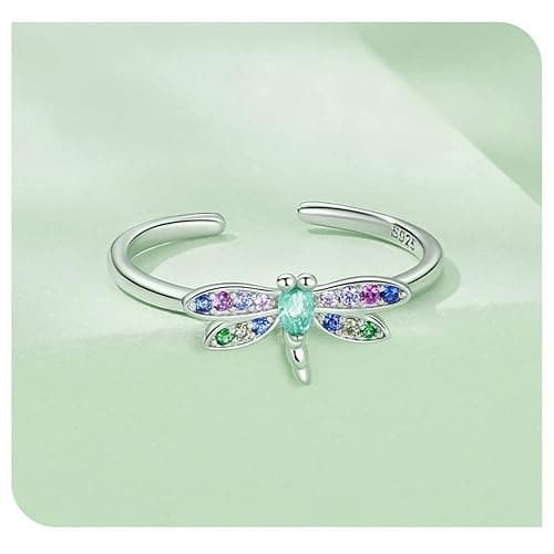 Cute Dragonfly Adjustable Ring 925 Sterling Silver Colorful Cubic Zirconia Stackable Open Finger Band Rings Promise Statement Daughter Birthday Valentine's Day Jewelry Gifts for Women Girlfriend thumbnail 5