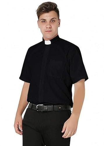 IvyRobes Men's Short Sleeves Tab Collar Clergy Shirt- Black White Purple - 15(Fit <14.5" Neck) - Black - Image 1
