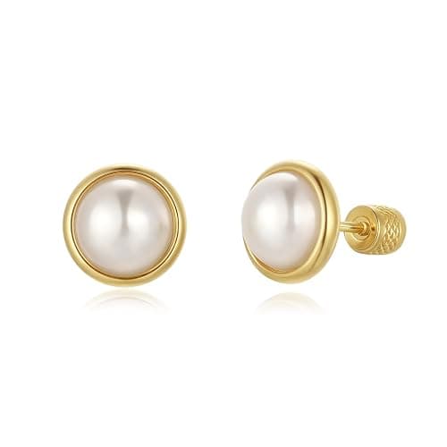 Seraphina 14K Gold Pearl Stud Earrings for Women | Hypoallergenic Screw Back Helix Cartilage Piercing French-Style Half-Circle Pearl Earrings - Image 1