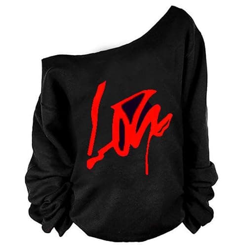 MAGICMK Woman’s Sweatershirt Lips Print Causal Blouse Off The Shoulder Long Sleeve Loose Slouchy Pullover Plus Size Tops - Black+blips - 5X-Large - Image 1