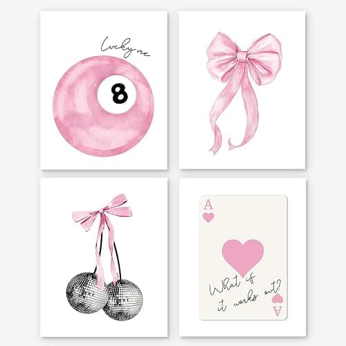 BONETAT 4Pcs Trendy Preppy Posters Pink Bow Wall Art Room Decor Prints 8X10 inches Unframed, Blush Pink Coquette Room Aesthetic Disco 8 Ball wall decor for teen girls Dorm College Apartment Bedroom -Aa02 - Image 1