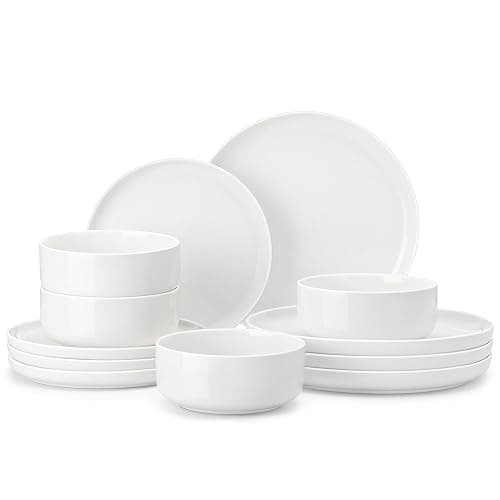 MALACASA Plates and Bowls Sets, 12 Pieces Porcelain Dinnerware Sets Dishware Sets Chip Resistant Ceramic Dish Set Dining Dinner Ware Service for 4, White, Series LUNA - Image 1