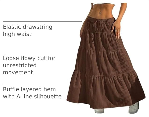 Xuani Maxi Skirt for Women Long Boho Flowy Ruffle Elastic High Waist | Flared, A Line, Decorative Front Tie, Tiered Layer Versatile, Lining, Casual Summer Beach Vacation Outfits, 2026 Spring Fall thumbnail 4