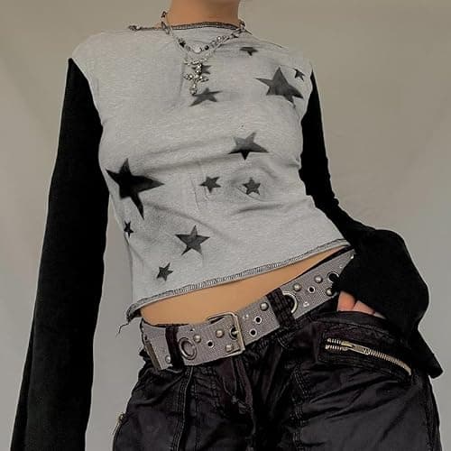 dsumvns Women Fairy Grunge Tops for Teen Girls Emo Star Graphic Y2k Crop Top Color Block Long Sleeve Alternative Clothes thumbnail 5