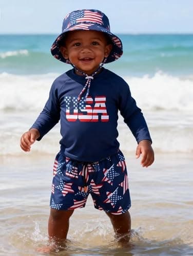 Baby Toddler Boys UPF 50+ Rashguard Set Swimsuit with Sun Hat Bathing Suit Swimwear for Beach Pool Sun Protection thumbnail 2