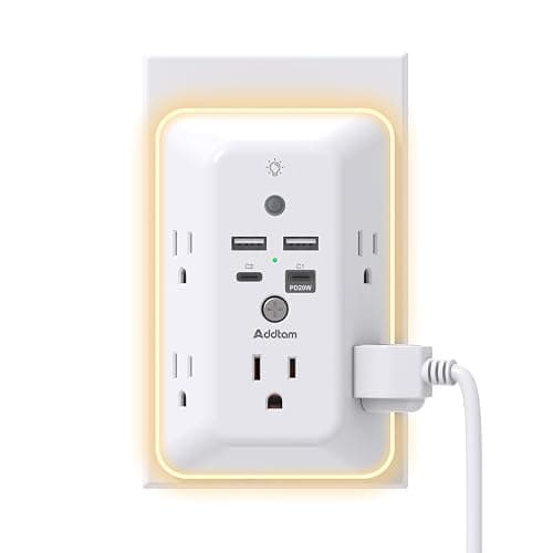 Surge Protector, Outlet Extender with Night Light, Addtam 5-Outlet Splitter and 4 USB Ports(PD 20W), Multi Plug Wall Outlet Power Strip for Home Office Dorm Room Essentials - Image 1