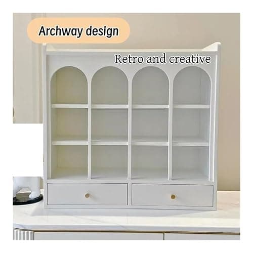GHuBafy 3 Tier Grid Mug Rack, Wooden Cup Holder with 2 Drawers, Arch design Mug Holder, Multifunctional Perfume Organizer, Countertop Organizer for Living Room, Kitchen(Pink) thumbnail 2