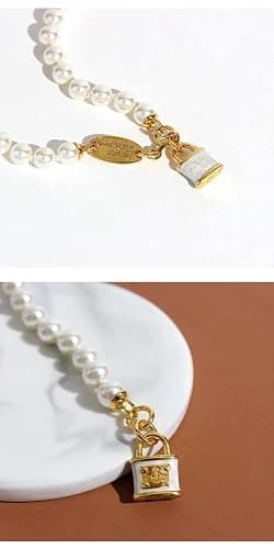 Gold Saturn Necklace for Women - Enamel Padlock Pendant with Pearl Chain, Punk Style thumbnail 3