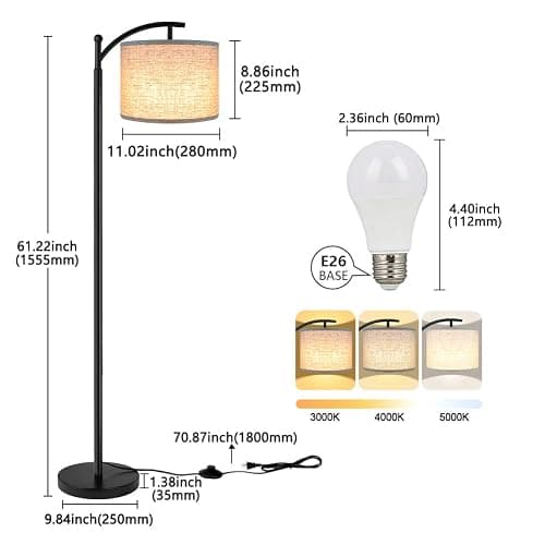 ROTTOGOON Floor Lamp for Living Room with 3 Color Temperatures LED Bulb, Standing Lamp Tall Industrial Floor Lamp Reading for Bedroom, Office (9W LED Bulb, Beige Lampshade Included) -Black thumbnail 4