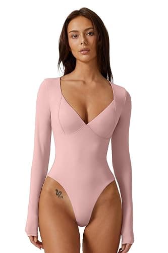 QINSEN Women's Long Sleeve Bodysuit V Neck Body Suits Seamed Cup Going Out Tops Shirt thumbnail 3