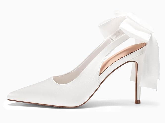 Coutgo Womens Slingback High Heels with Bow Closed Pointed Toe Wedding Bride Dress Shoes Satin Pumps thumbnail 5