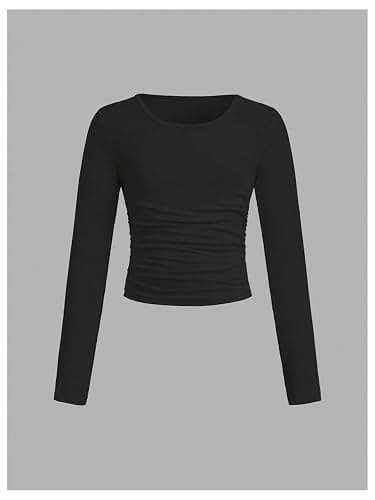 SOLY HUX Girl's 3 Piece T Shirt Crew Neck Long Sleeve Ruched Crop Tops Slim Fit Solid Basic Tee thumbnail 3